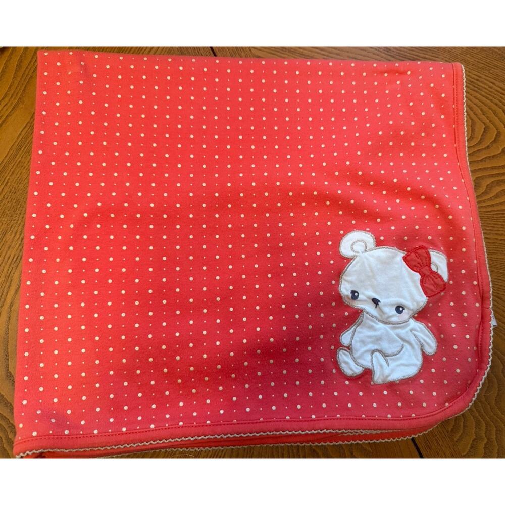 Gymboree Coral Gold Polka Dot Bear Baby Receiving Blanket Bow Cotton Knit